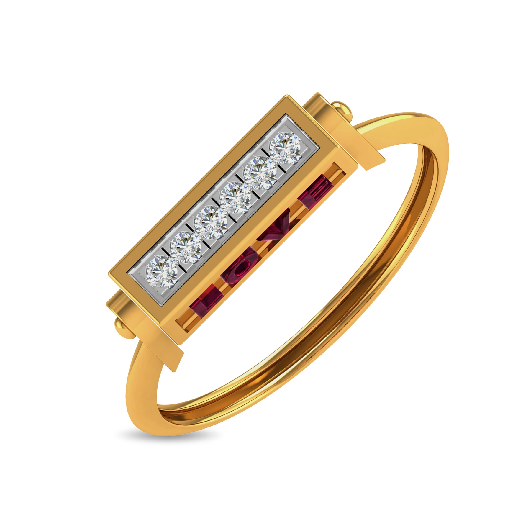 Gold bar ring with channel set diamonds and ruby letters spelling love