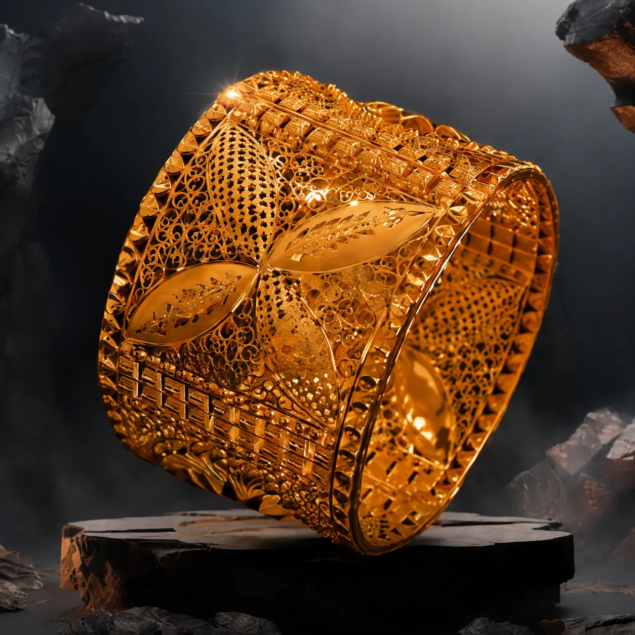 Wide 22K gold rajwadi kada with jaali filigree and leaf motifs
