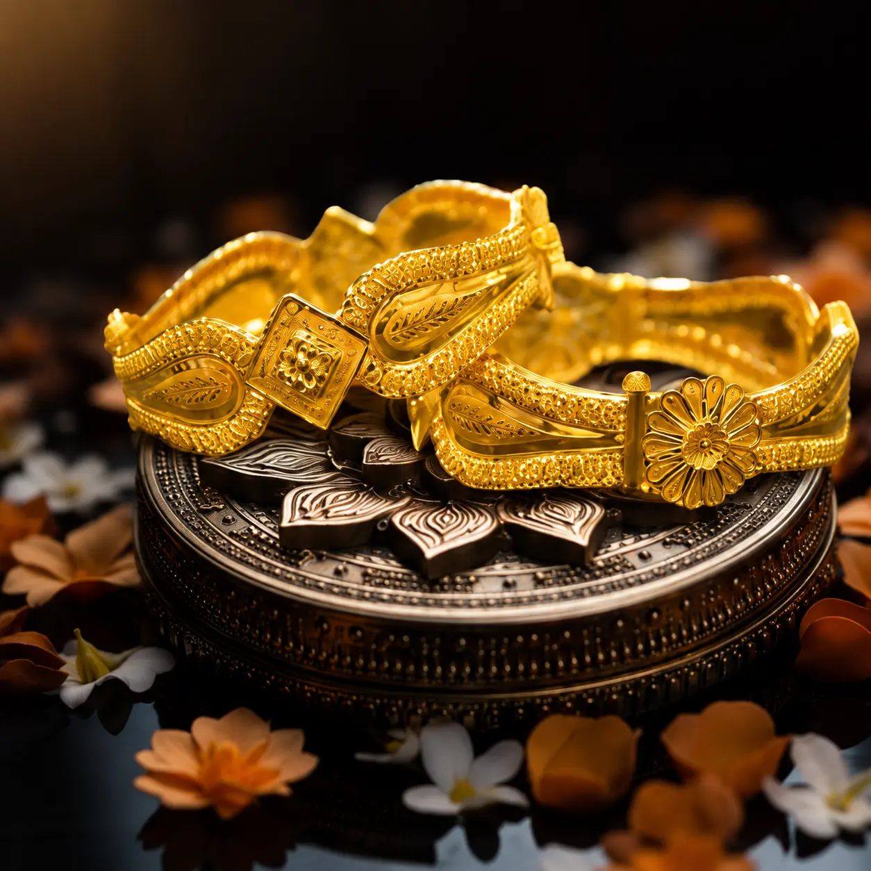 Pair of 22K gold bangles with granulated leaf motifs and floral clasp