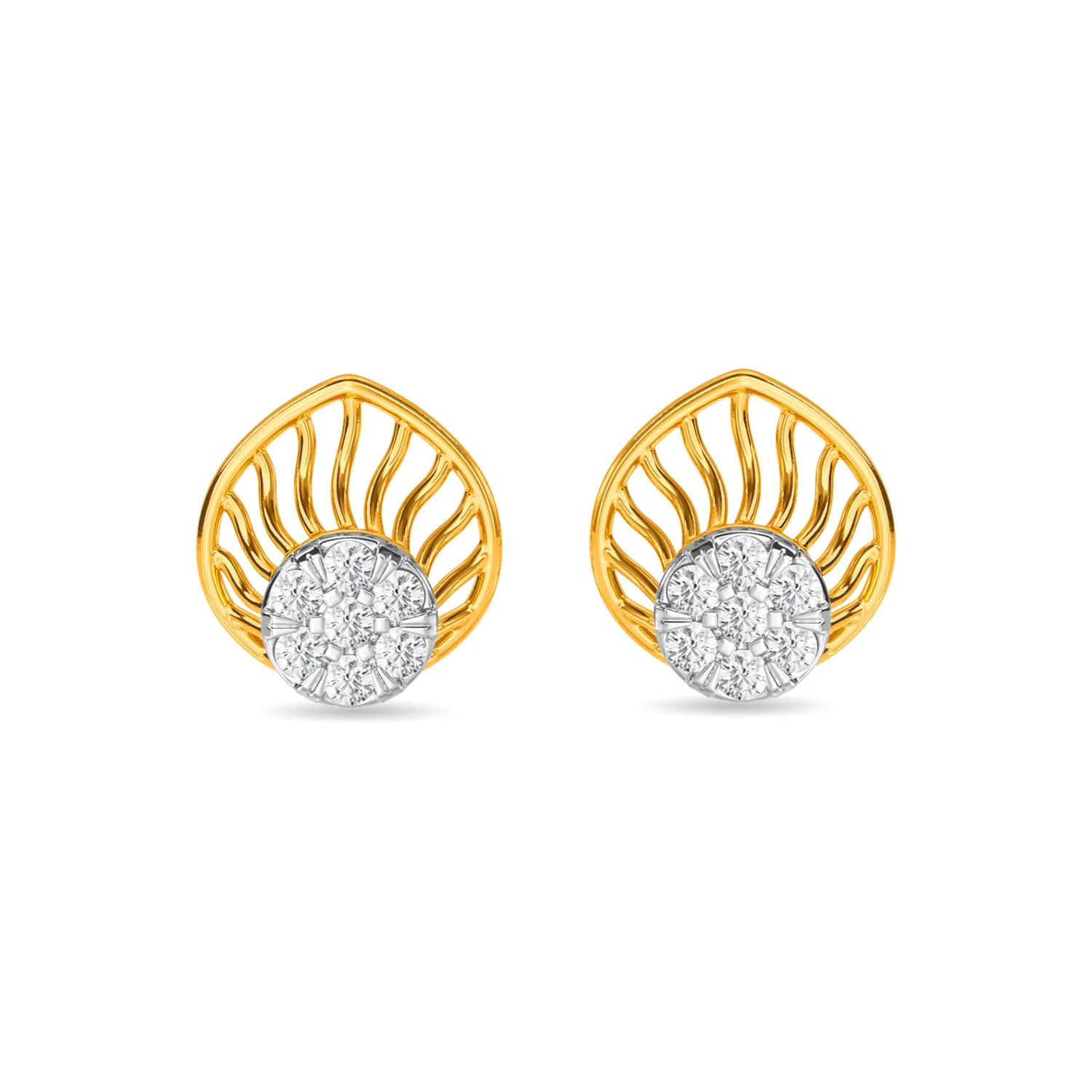 Pear shaped gold petal stud earrings with a round diamond cluster centre