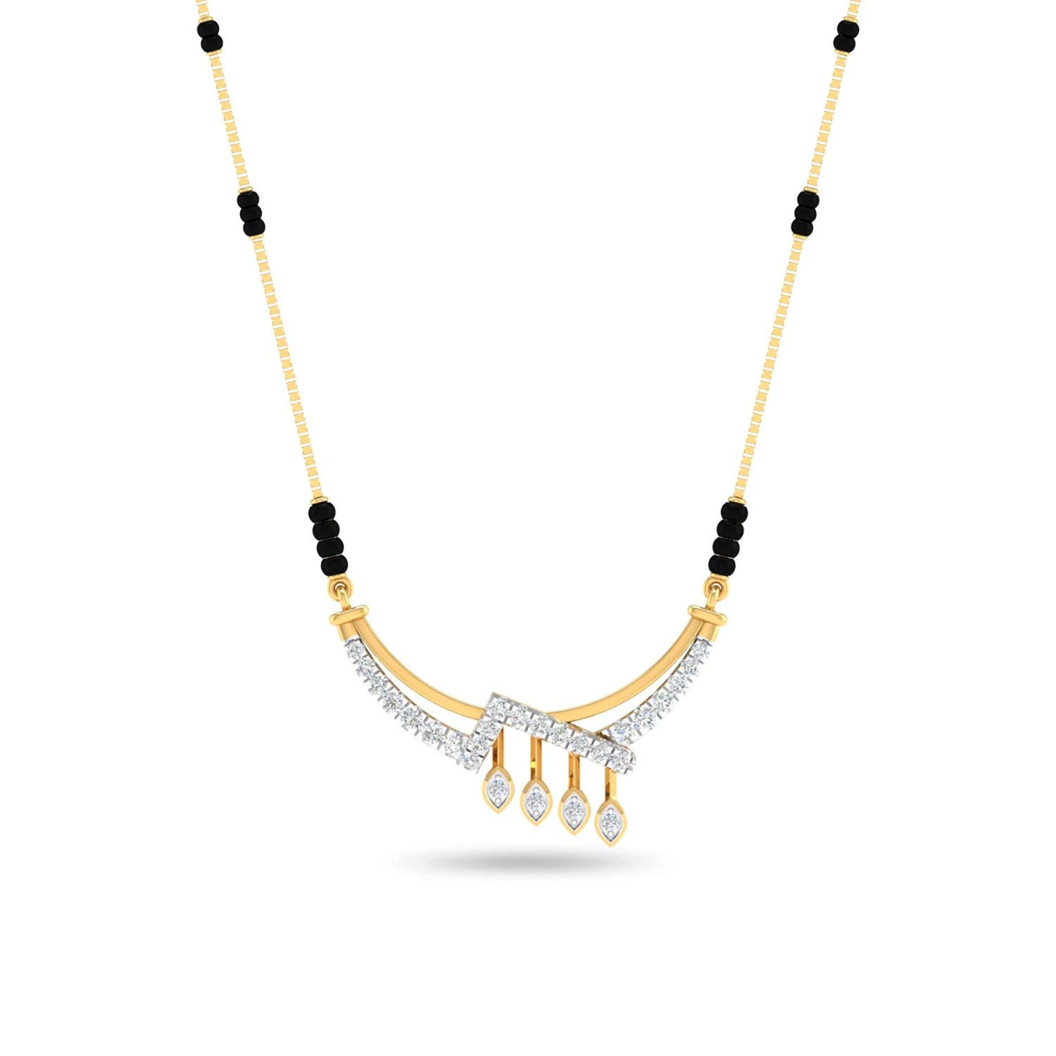 Gold mangalsutra with black beads and a diamond V pendant with marquise drops