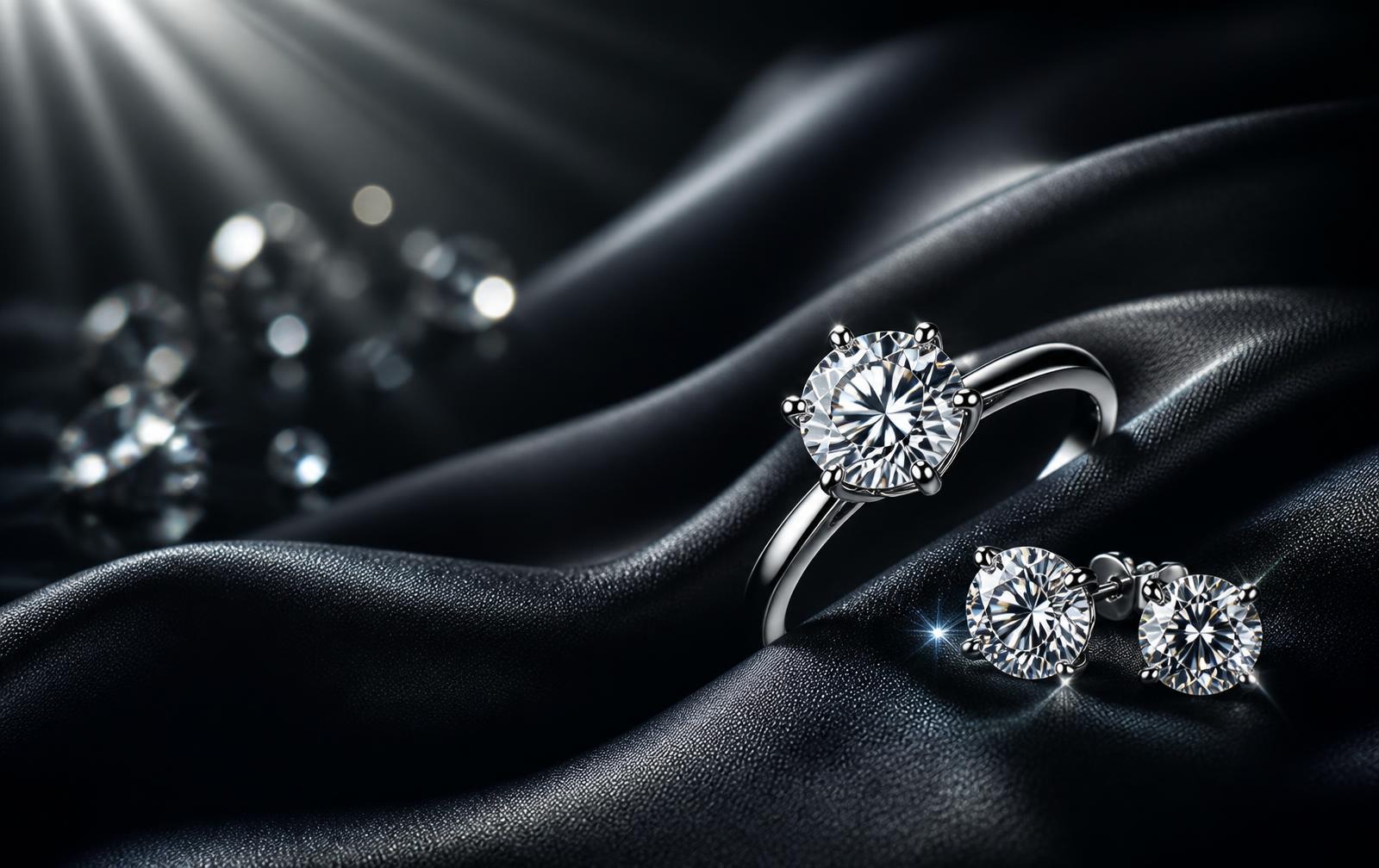 Diamond solitaire ring and diamond studs on dark silk