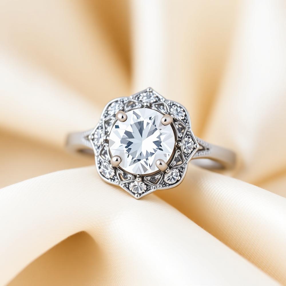 Solitaire diamond halo ring in 18K white gold on ivory silk