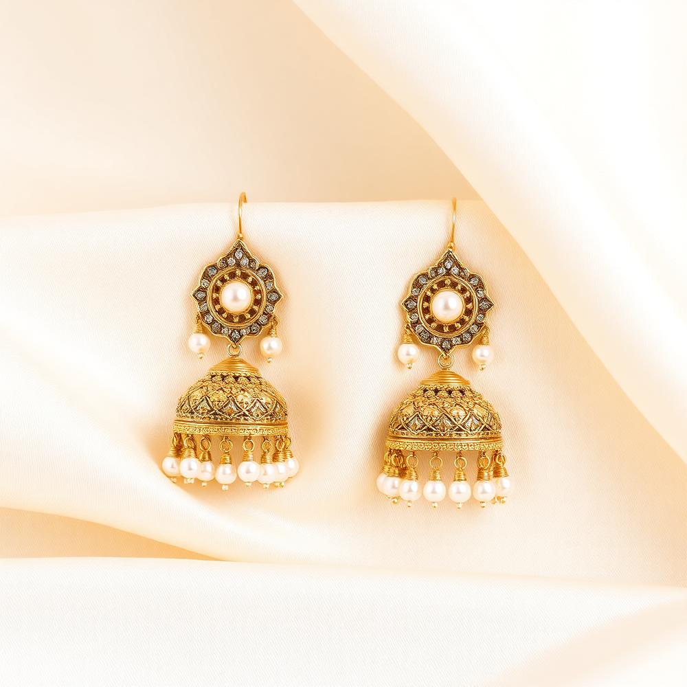 Gold jhumka earrings with filigree dome and pearl drop fringe