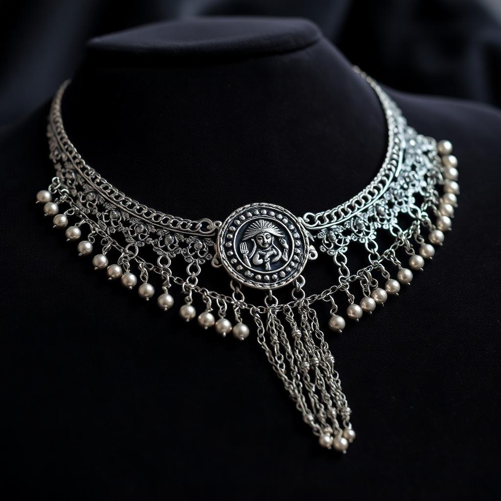 Oxidised sterling silver temple choker with goddess medallion and silver bead drops