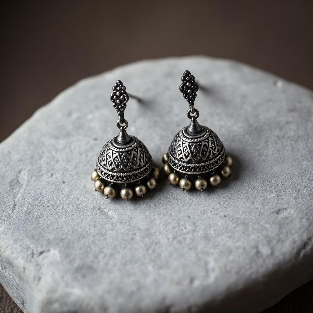 Oxidised sterling silver jhumka earrings with filigree dome and bead fringe