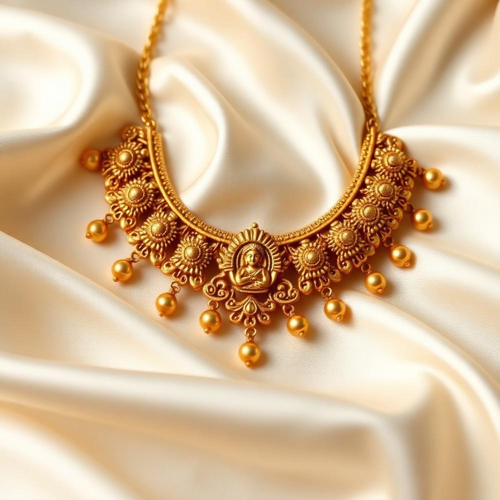 Antique 22K gold temple necklace with goddess motif and gold bead drops